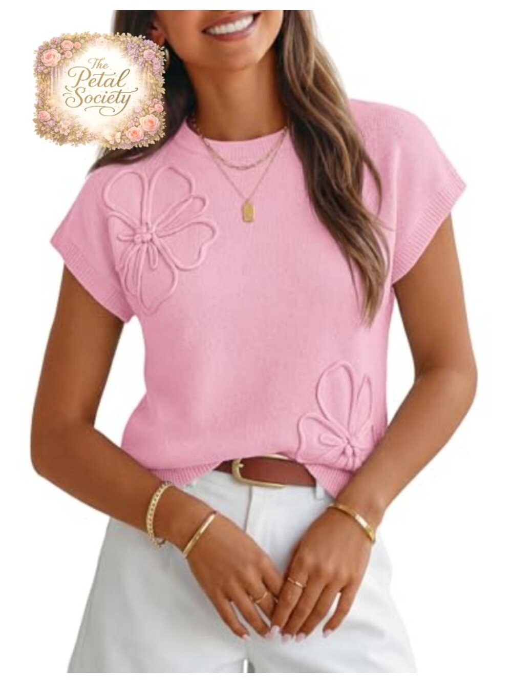 Women's Floral Sweater Vest Crew Neck Cap Sleeve Knit Work Top